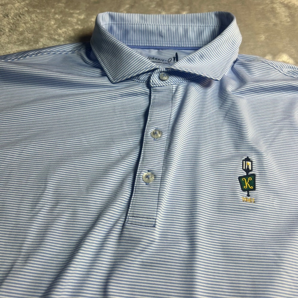 Johnnie-O Men's Large Polo Shirt Blue Striped Performance 1961 Crest UPF 50